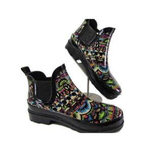 SAK Rhyme Rain Boots Bootie 6 Rubber Shoes Wellies Black Neon One World Ankle